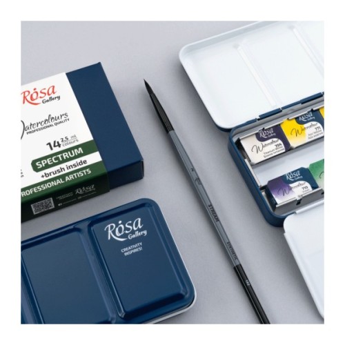 Акварельні фарби Rosa Gallery SPECTRUM, 14*2,5мл, з пензлем, кювета Індіго металевий пенал (4823098544760)