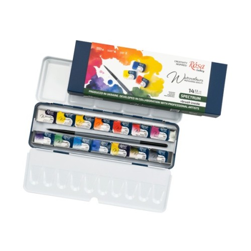 Акварельні фарби Rosa Gallery SPECTRUM, 14*2,5мл, з пензлем, кювета Індіго металевий пенал (4823098544760)