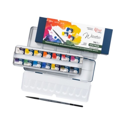 Акварельні фарби Rosa Gallery SPECTRUM, 14*2,5мл, з пензлем, кювета Індіго металевий пенал (4823098544760)