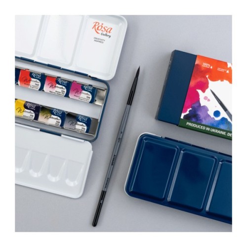 Акварельні фарби Rosa Gallery SPECTRUM, 14*2,5мл, з пензлем, кювета Індіго металевий пенал (4823098544760)