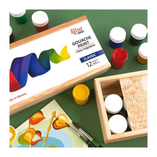 Гуашеві фарби Rosa Studio Classic 12 кольорів по 40 мл, дерев’яний пенал (4823098540625)