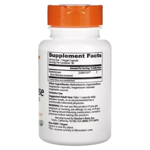 Пробіотики Doctor's Best Наттокіназа, 2000 FU, Nattokinase, 90 вегетаріанських капсул (DRB-00125)