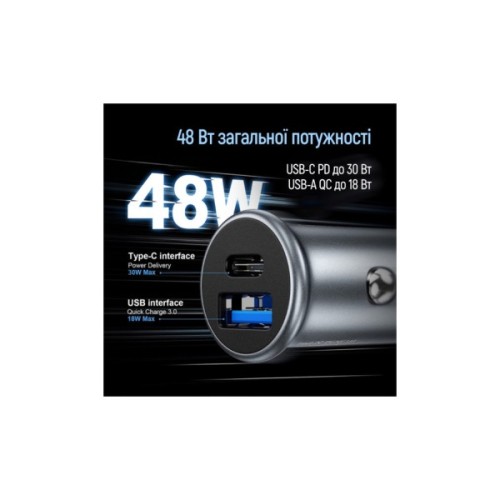 Зарядний пристрій ColorWay USB-C PD30W + USB QC3.0 car adapter (CW-CHA065PD-GR)