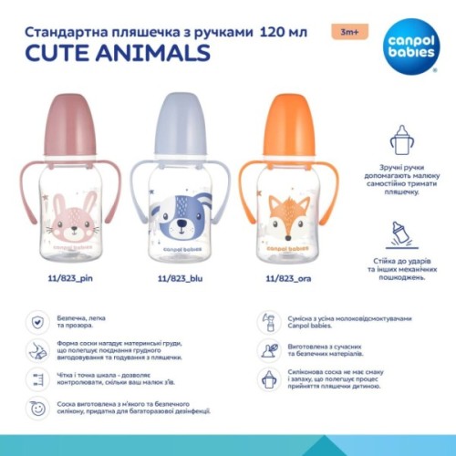 Пляшечка для годування Canpol babies CUTE ANIMALS стандартна з ручками 120 мл рожева (11/823_pin)