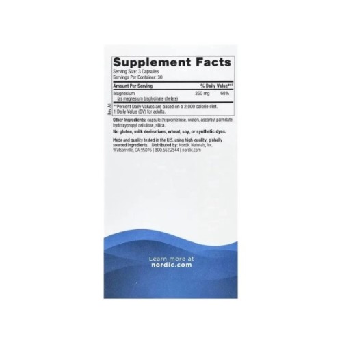 Вітамінно-мінеральний комплекс Nordic Naturals Магній гліцинат, 250 мг на порцію, Magnesium Glycinate, 90 капсул (NOR-01527)