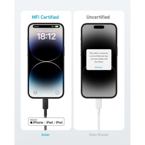 Дата кабель USB-C to Lightning 1.8m nylon 322 black Anker (A81B6G11)