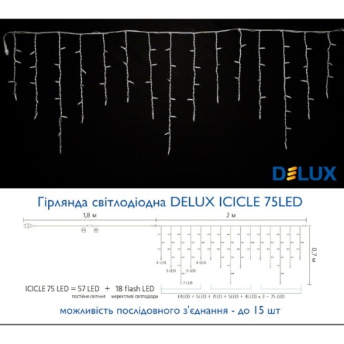Гірлянда Delux Icicle 75LED 2x0.7m 18 flash теплий білий/білий IP44 EN (90012959)