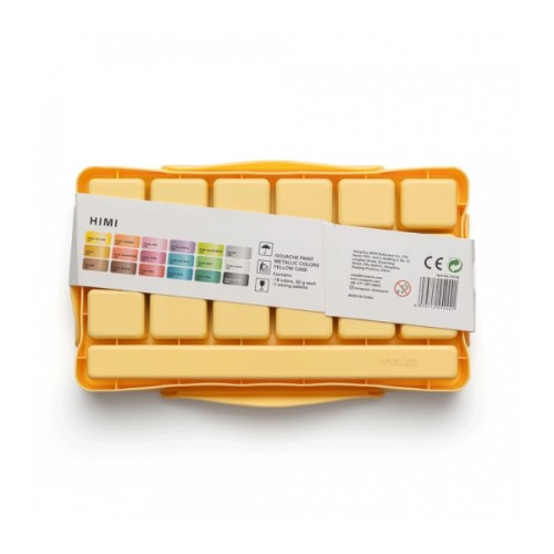 Гуашеві фарби HIMI Jelly Cup 18 кольори по 30 мл,, Металіки, жовтий пластик.пенал, (6974712454441)