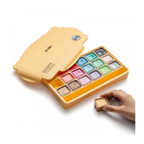 Гуашеві фарби HIMI Jelly Cup 18 кольори по 30 мл,, Металіки, жовтий пластик.пенал, (6974712454441)