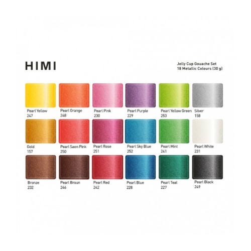 Гуашеві фарби HIMI Jelly Cup 18 кольори по 30 мл,, Металіки, жовтий пластик.пенал, (6974712454441)