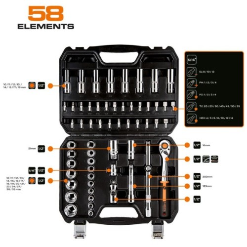 Набір інструментів Neo Tools 58шт, 1/2", CrV, кейс (10-042)