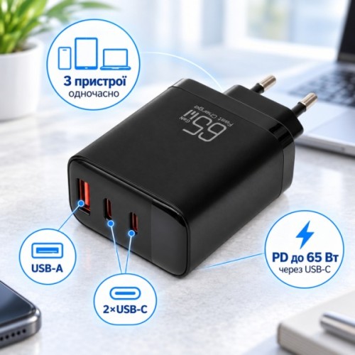 Зарядний пристрій Vinga 2xUSB-C + USB-A Display 65W (VCR65ACCDB)