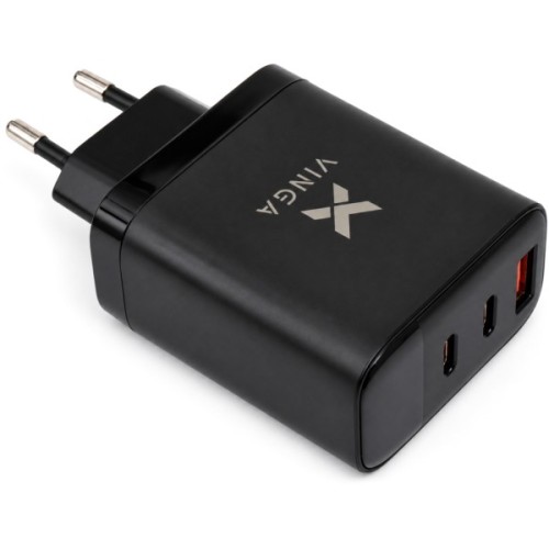 Зарядний пристрій Vinga 2xUSB-C + USB-A Display 65W (VCR65ACCDB)
