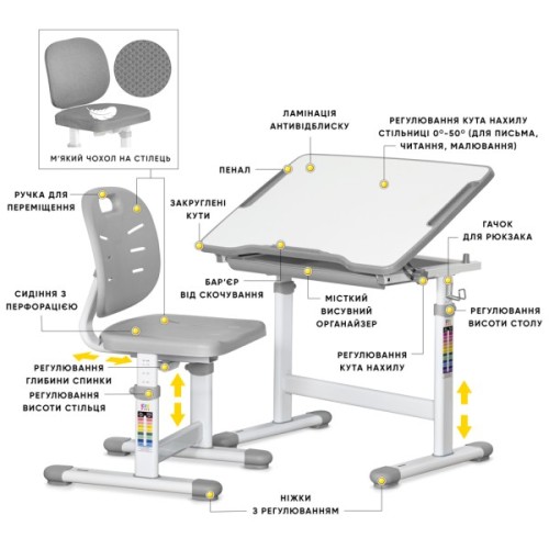 Парта зі стільцем Evo-kids Evo-06 Plus Grey (Evo-06 Plus G)