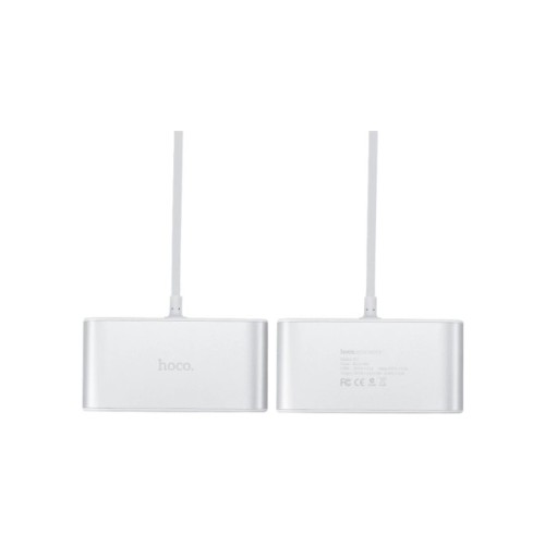 Зарядний пристрій HOCO 2xUSB 10.5W + 3x car socket silver (6957531050896)