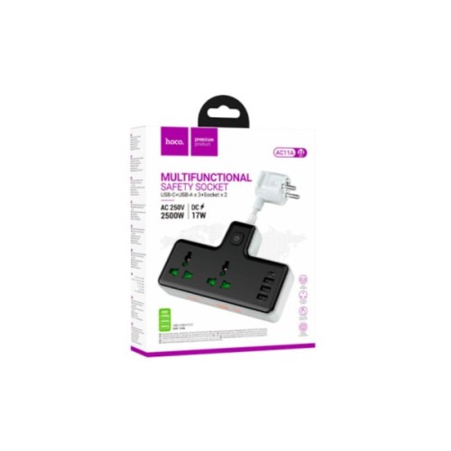 Мережевий фільтр живлення HOCO AC11A, 2 роз, 3 USB, USB-C, 17W, 1,5м Black (AC11AB)