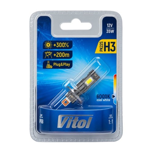Автолампа Vitol LV1-H3/LED-chips 3570 CSP/9-18v/35w/3000Lm/6000K (LV1-H3)
