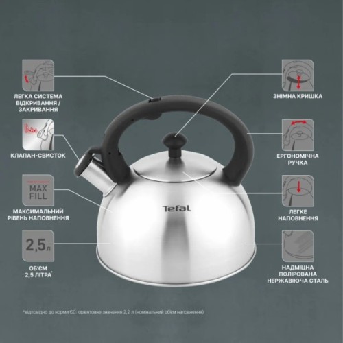 Чайник для плит Tefal Duetto+ зі свистком 2.5 л чорний/сталевий (N4210310)