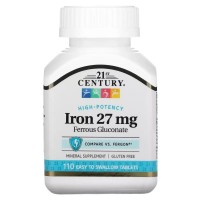 Вітамін 21st Century Залізо Високоефективне, 27 мг, High-Potency Iron, 110 таблеток (CEN-22690)