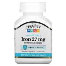 Вітамін 21st Century Залізо Високоефективне, 27 мг, High-Potency Iron, 110 таблеток (CEN-22690)
