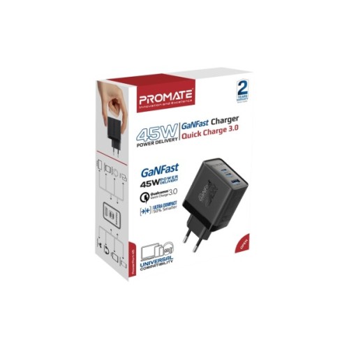 Зарядний пристрій Promate powerport-45 2xUSB-C PD + USB-A QC 45W Black (powerport-45.black)