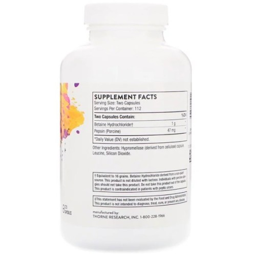 Вітамінно-мінеральний комплекс Thorne Research Бетаїн HCL і Пепсин, Betaine HCL & Pepsin, 225 капсул (THR-41502)
