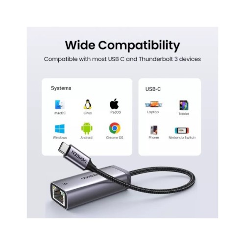Перехідник USB-C to RJ45 Ethernet 1000Mbps gray Ugreen (40322)