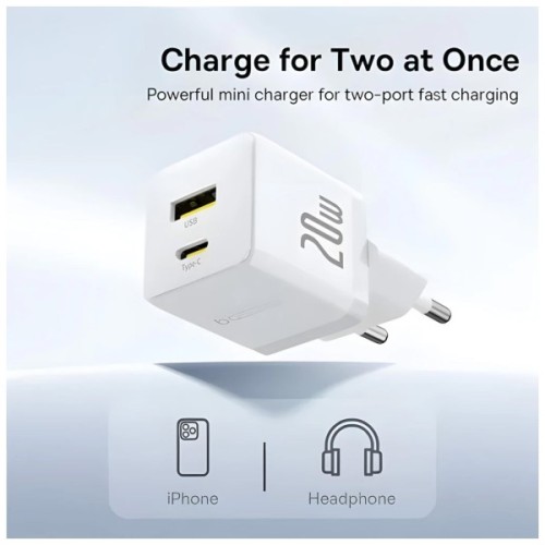 Зарядний пристрій Baseus 1xUSB-C 20W + 1xUSB white + cable USB-C to USB-C 60W 1.0m (P10111608213-01)