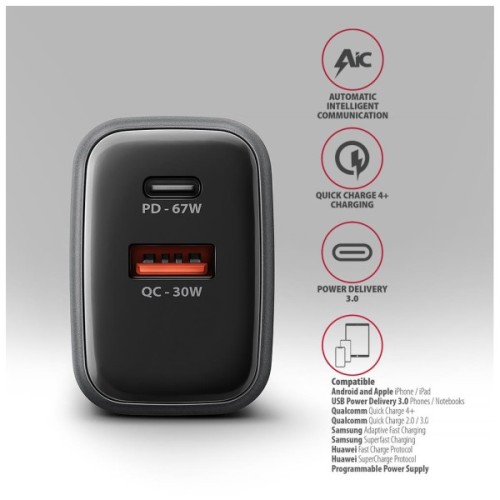 Зарядний пристрій AXAGON 1xUSB-C PD67W + 1xUSB QC4+ PPS gray (ACU-PQ67)