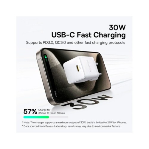 Зарядний пристрій Baseus Palm Fast Charger 1C 30W + Cable 1.0m Type-C 60W white (P10111605213-01)