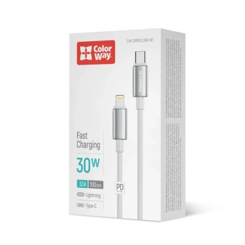 Дата кабель USB-C to Lightning 1.0m PD30W zinc alloy braided white ColorWay (CW-CBPDCL098-WT)