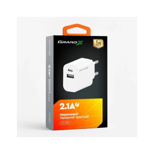 Зарядний пристрій Grand-X 1xUSB-C + 1xUSB 10.5W OCP white (CH-21W)