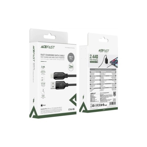 Дата кабель USB 2.0 AM to Lightning 2.0m 2.4A TPE black Acefast (6974316286271)