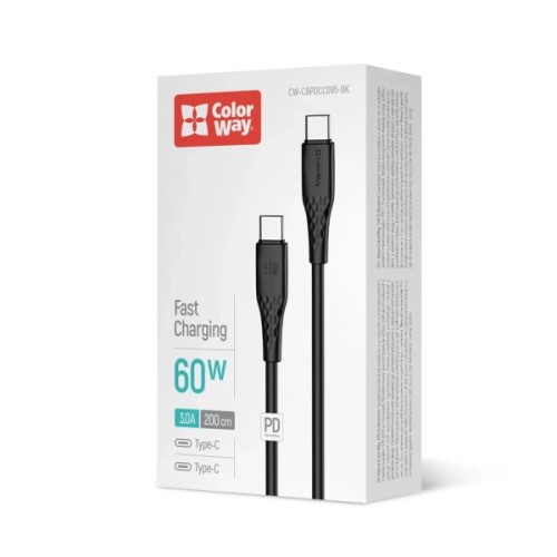 Дата кабель USB-C to USB-C 2.0m 3A 60W textured PVC black ColorWay (CW-CBPDCC095-BK)