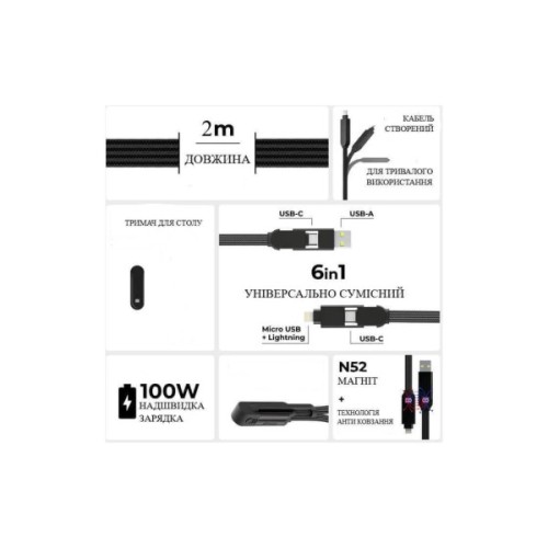 Дата кабель 6in1 inCharge XL 2.0m black Rolling Square (XLM01R)