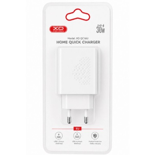 Зарядний пристрій XO QC16U 1xUSB-C PD30W + 1xUSB QC3.0 GaN white (XO-QC16U)