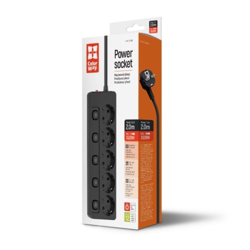 Мережевий фільтр живлення ColorWay CW-PSEA52SBK 5 розеток2м (CW-PSEA52SBK)