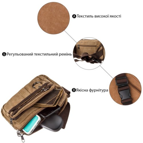 Сумка Vintage Бананка текстильна на пояс Коричнева (20160)