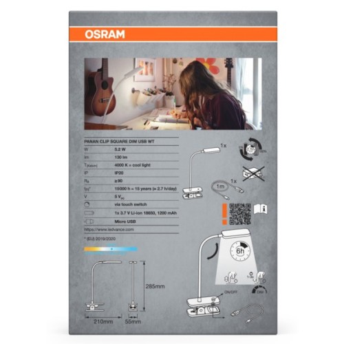 Настільна лампа Osram PANAN CLIP SQUARE DIM USB WT (4099854507496)