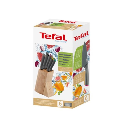 Набір ножів Tefal Fresh Kitchen, дерев'яна колода, 5шт, нержавіюча сталь, чорний (K122S504)