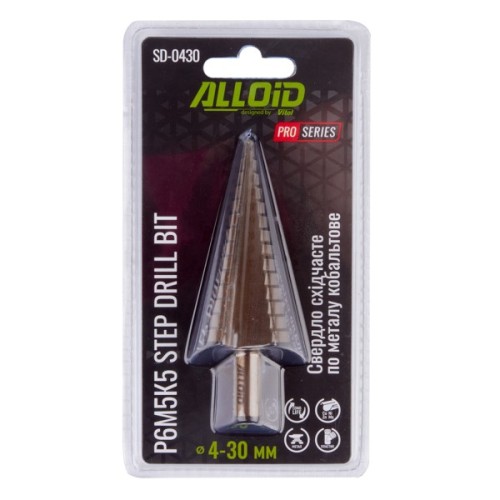 Свердло Alloid Pro, ступеневе, по металу, кобальтове, Р6М5К5, 4–30мм (SD-0430)