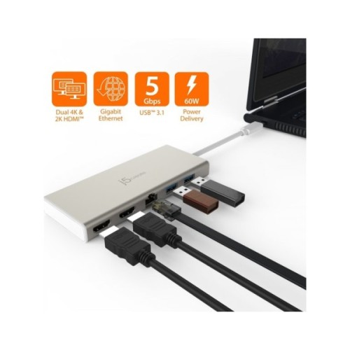 Порт-реплікатор J5create Dock-Station USB-C 6-in-1 (HDMI/PD/USB-A/USB-C/LAN) (JCD381-N)