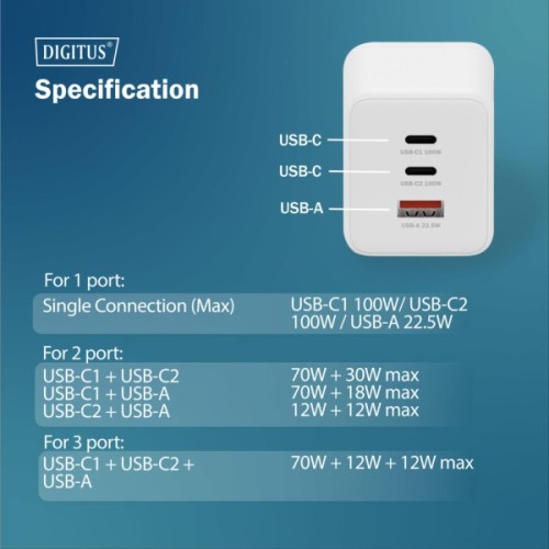 Зарядний пристрій Digitus 2xUSB-C + 1xUSB-A GaN 100W (DA-10304)