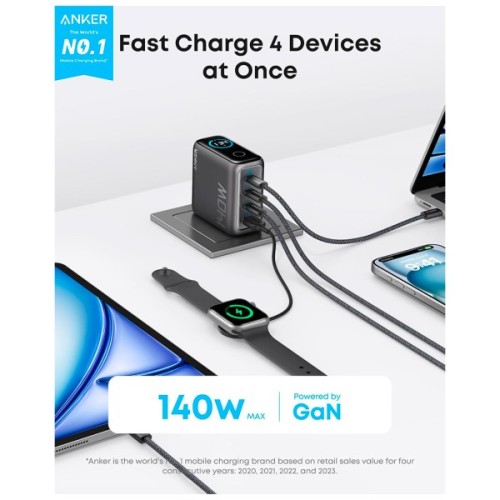 Зарядний пристрій Anker Laptop GaN 140W 3xUSB-C PD3.1 + USB-A + display + cable Black (B2697GZ1)