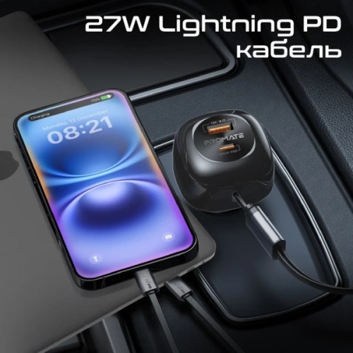 Зарядний пристрій Promate 1xUSB-C PD + 1xUSB + cable USB-C/Lightning max 81W black (powerdrive-rci81)