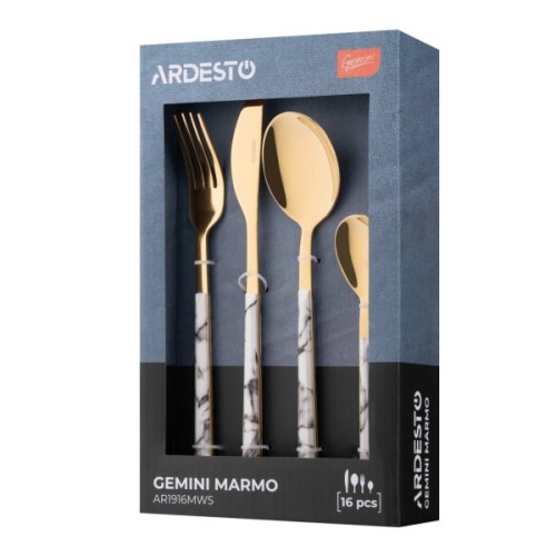 Набір столових приборів Ardesto Gemini Marmo, 16 приборів, нержавіюча сталь, пластик, золотисто-білий (AR1916MWS)