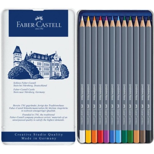 Олівці кольорові Faber-Castell GoldFaber акварельні, металевий пенал 12 кольорів (114612) (27637)