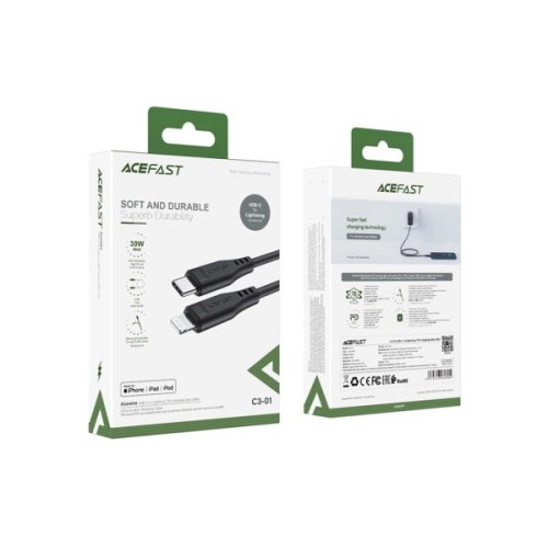 Дата кабель USB-C to Lightning 1.2m 3.0A TPE C3-01 Black Acefast (6974316280804)