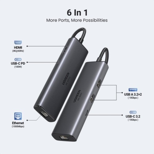 Концентратор Ugreen USB-C to HDMI + 2xUSB 3.2 + USB-C 3.2 + RJ45 + PD CM512 gray (45000)