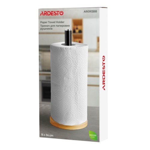 Тримач паперових рушників Ardesto Midori 15х34см, метал, бамбук, чорний (AR0913BB)